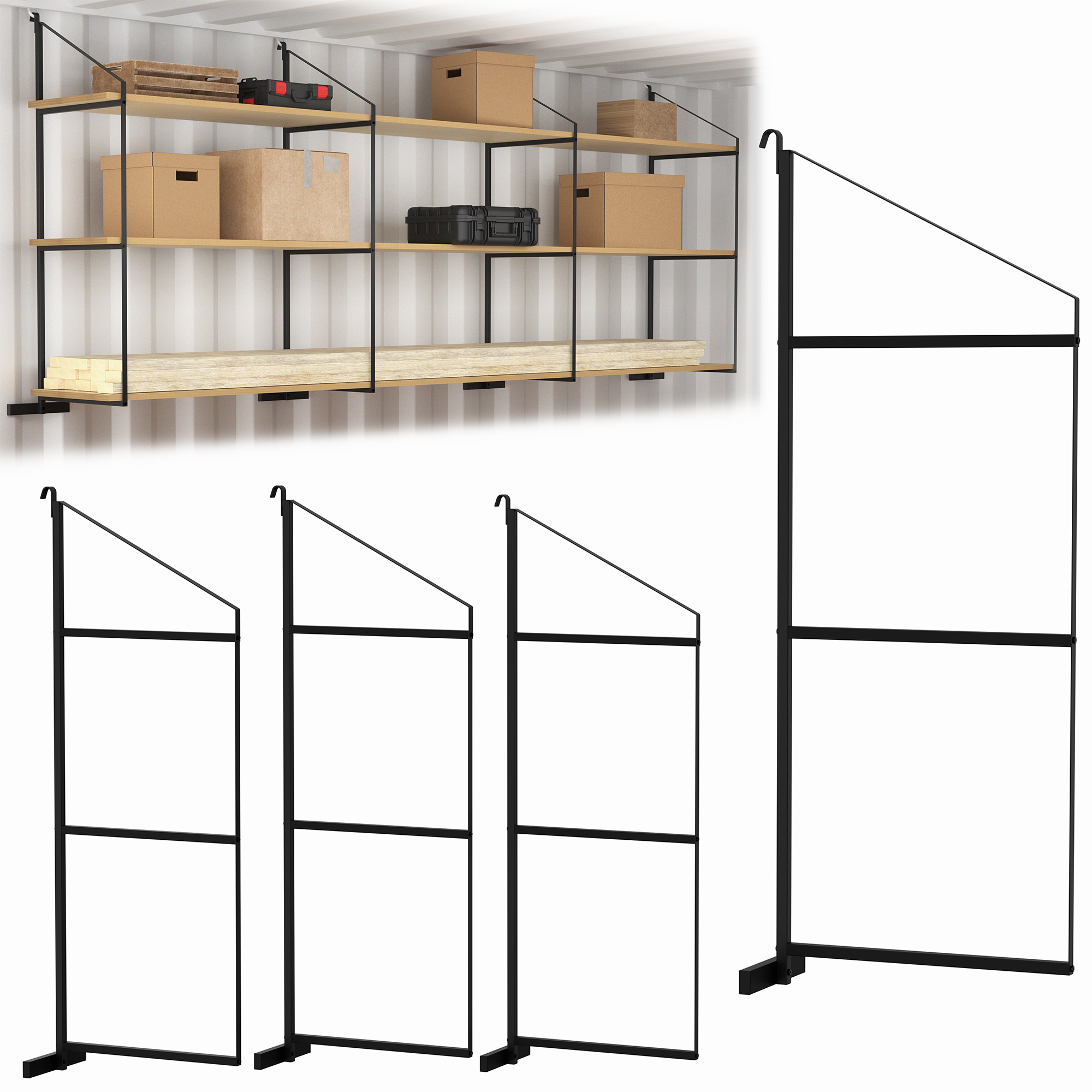 Life Finds Black 3 Tier Shipping Container Shelving Brackets, 4 Pack Image 1