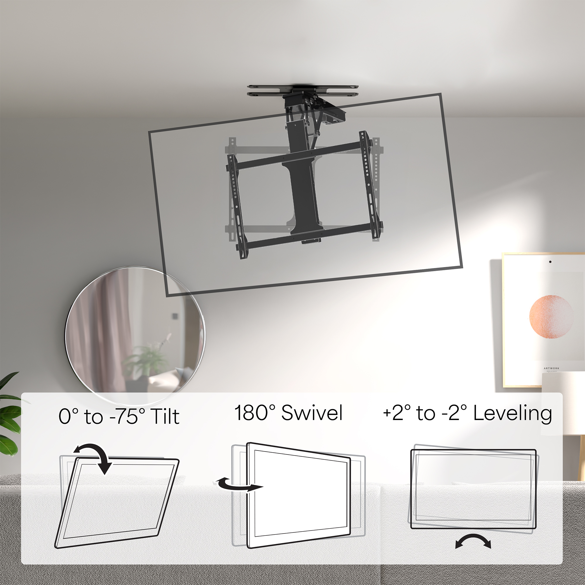 VIVO Black Electric Swivel Flip Down Ceiling TV Mount for 32" to 70" Screen Image 9