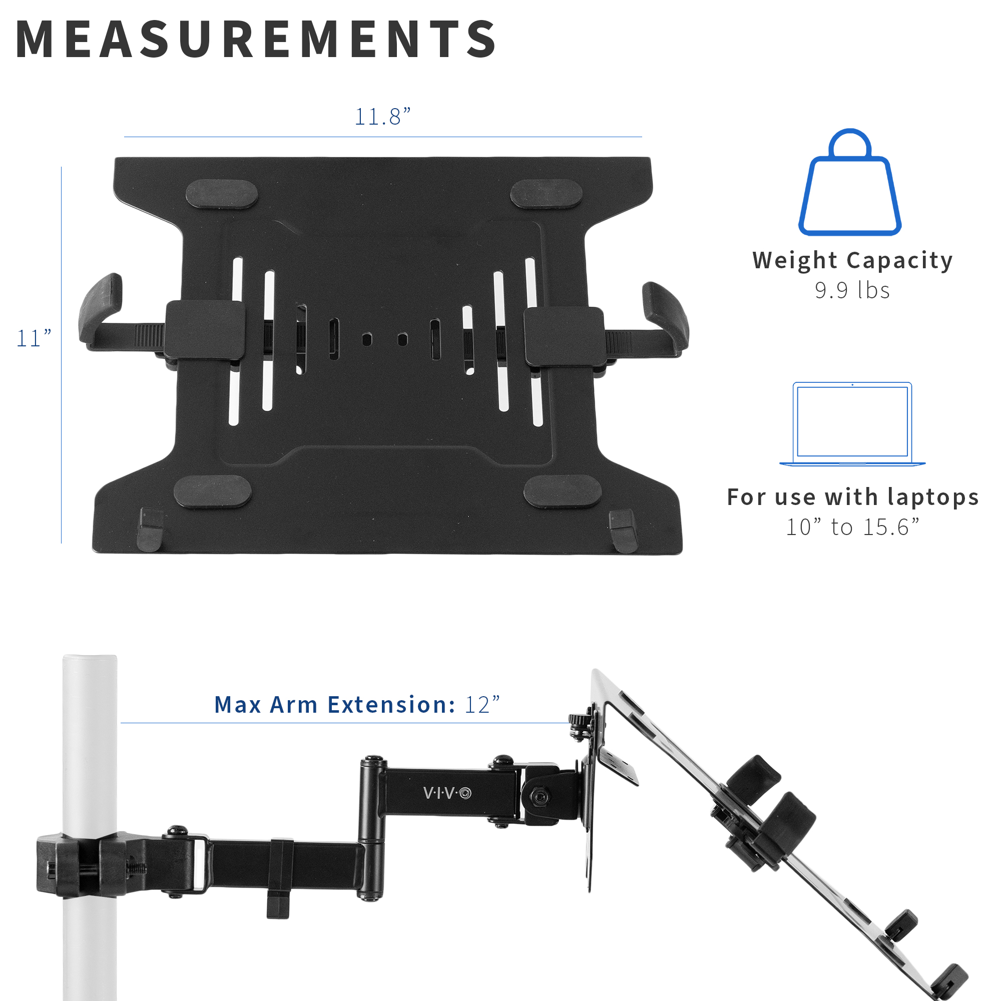 VIVO Universal Adjustable 10" to 15.6" Single Laptop VESA Arm Pole Mount Image 2