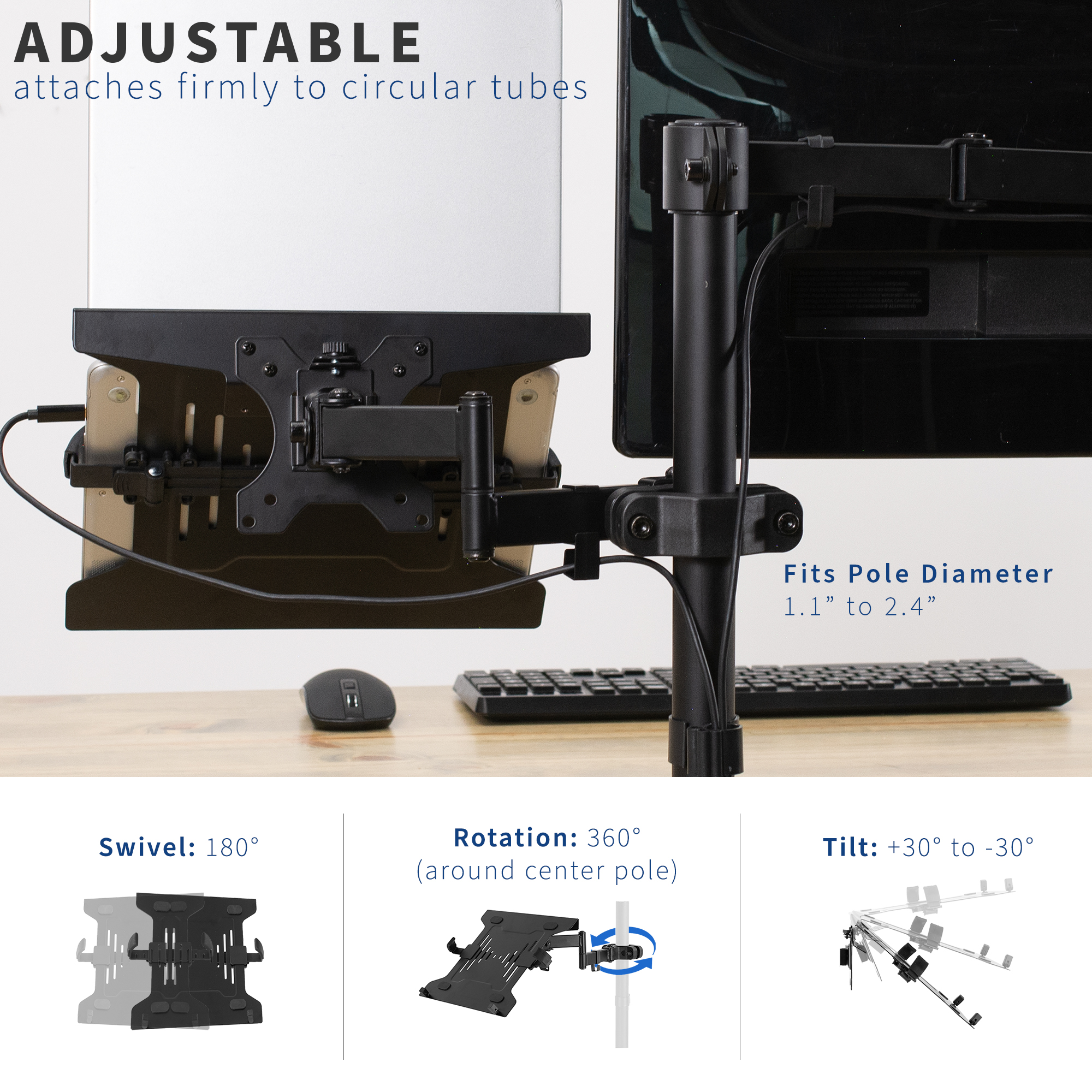 VIVO Universal Adjustable 10" to 15.6" Single Laptop VESA Arm Pole Mount Image 3