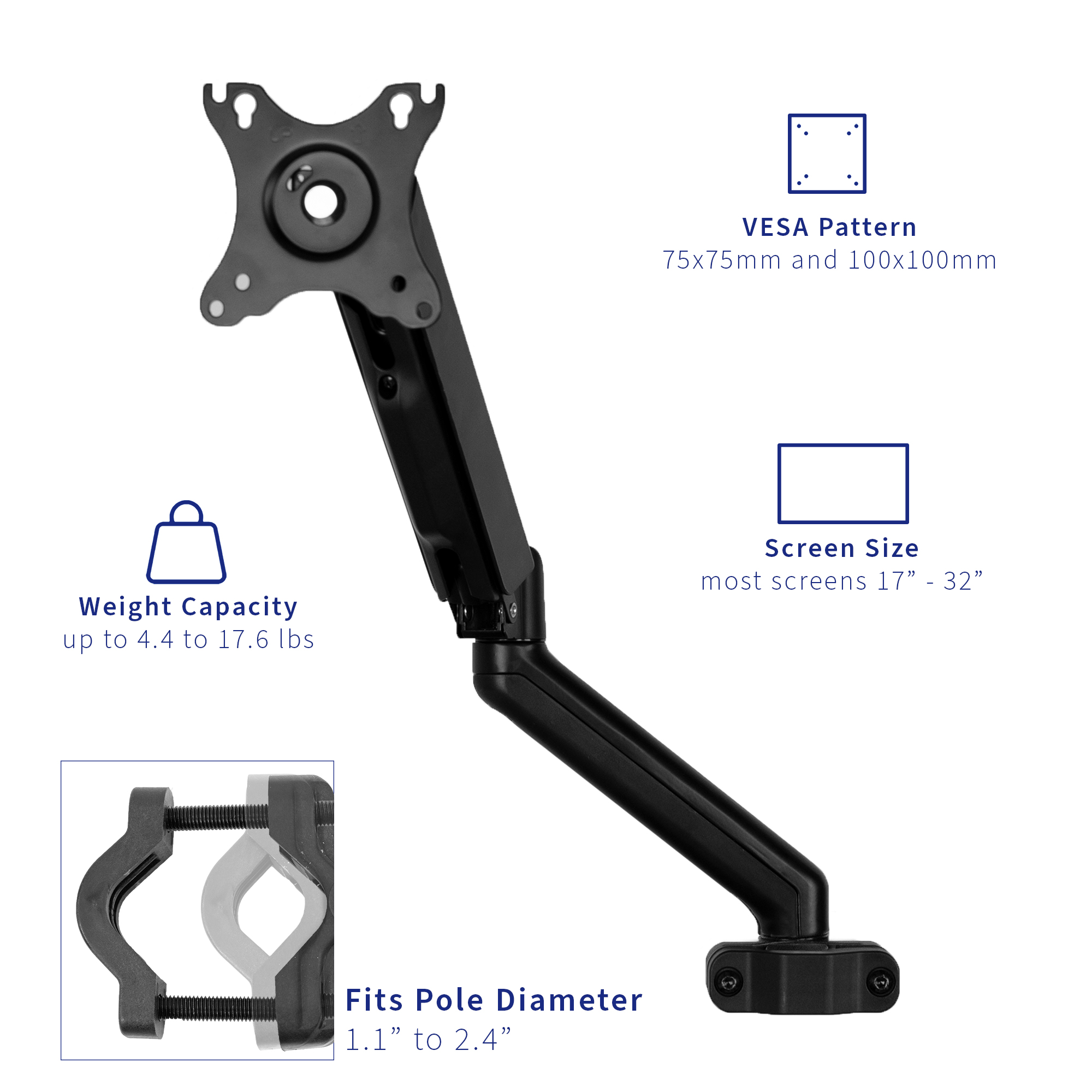 VIVO Universal Pneumatic Pole Mount Monitor Arm, Fits 17" to 32" Screens Image 3