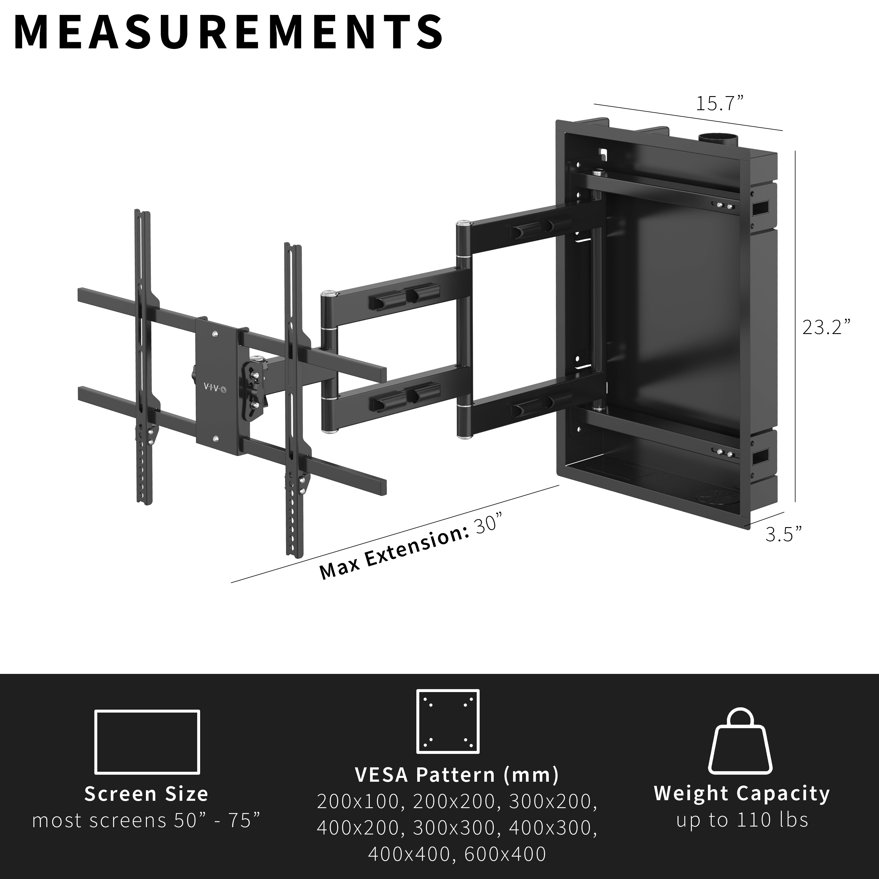 VIVO Recessed In-Wall TV Mount for up to 75" LED LCD Screens, Ultra Low Profile Image 3