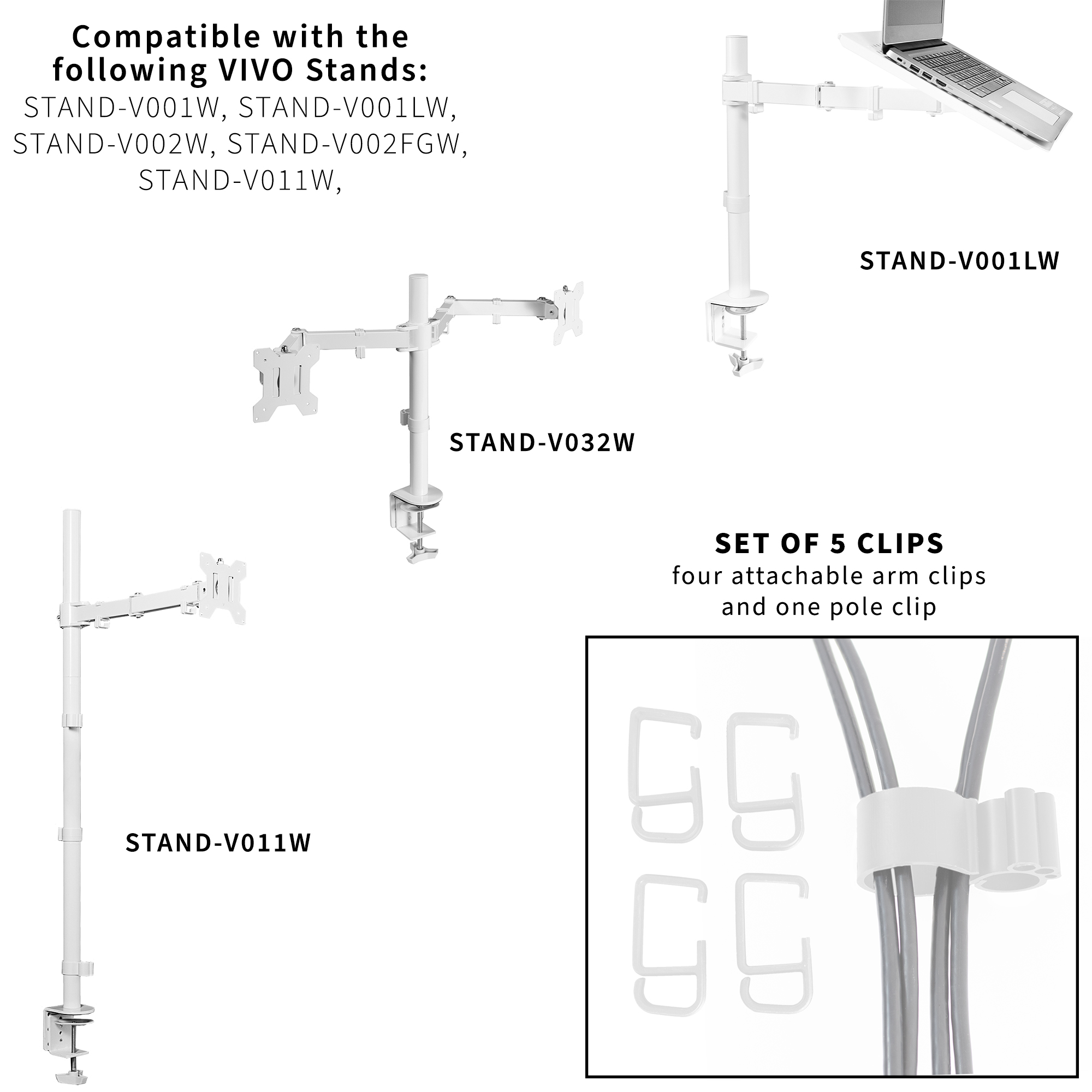VIVO White Cable Clip Kit for Monitor Stands | 1 Pole Clip + 4 Arm Clips Image 2