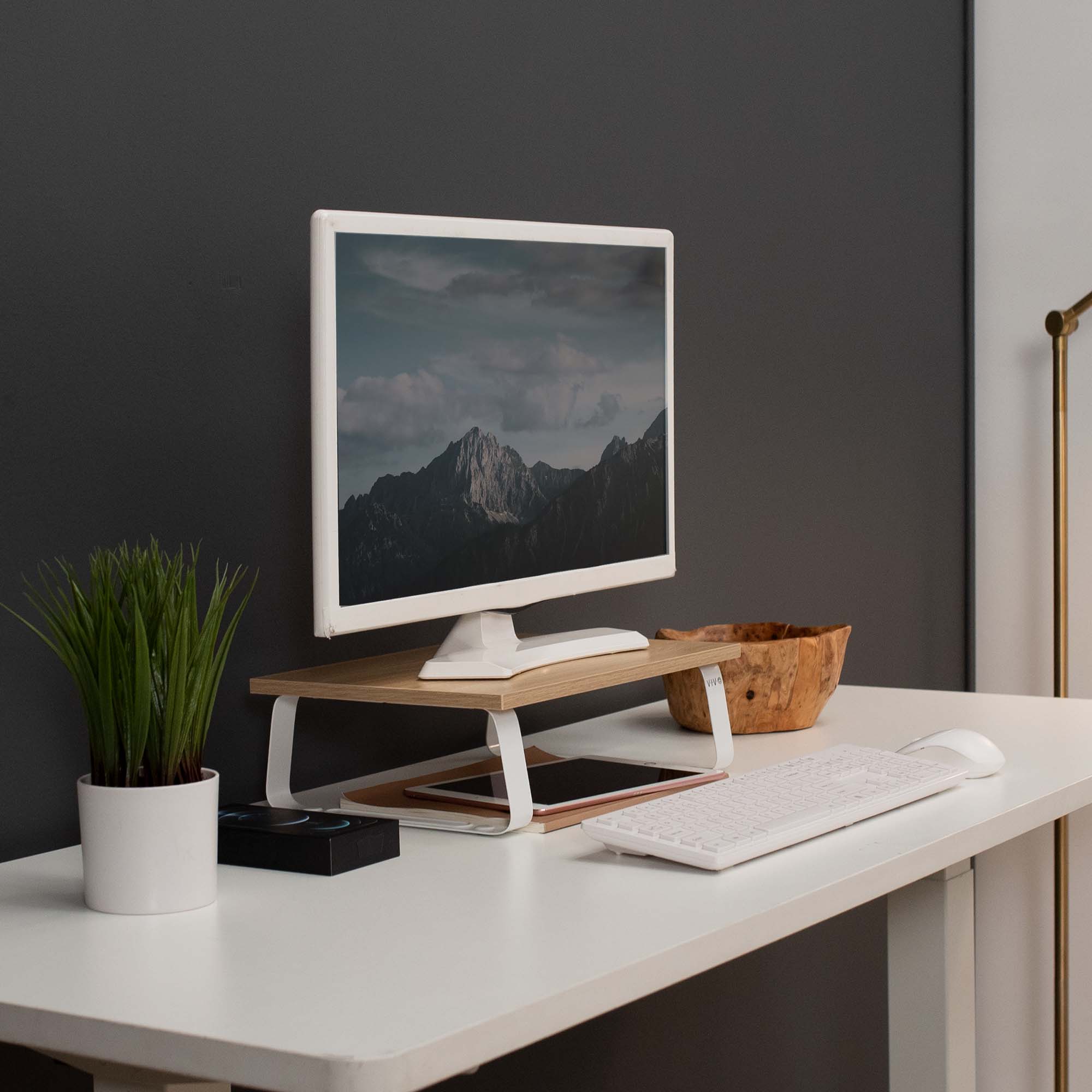 VIVO 15" Desktop Stand Monitor Riser, Desk Organizer, Light Wood Top, White Legs Image 2