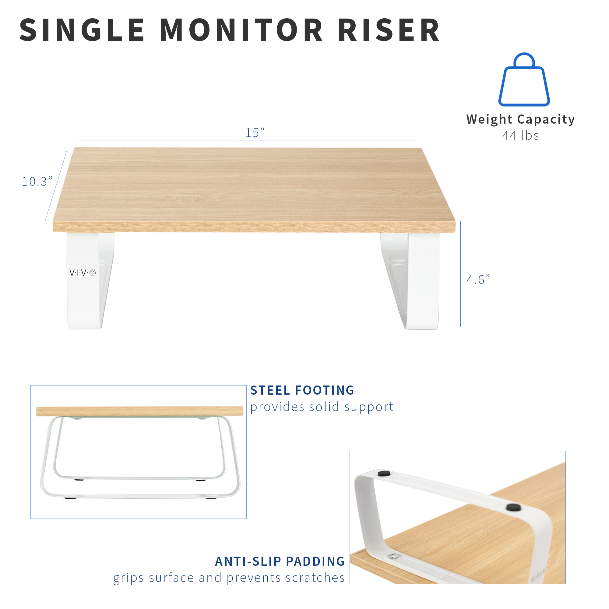 VIVO 15" Desktop Stand Monitor Riser, Desk Organizer, Light Wood Top, White Legs Image 3