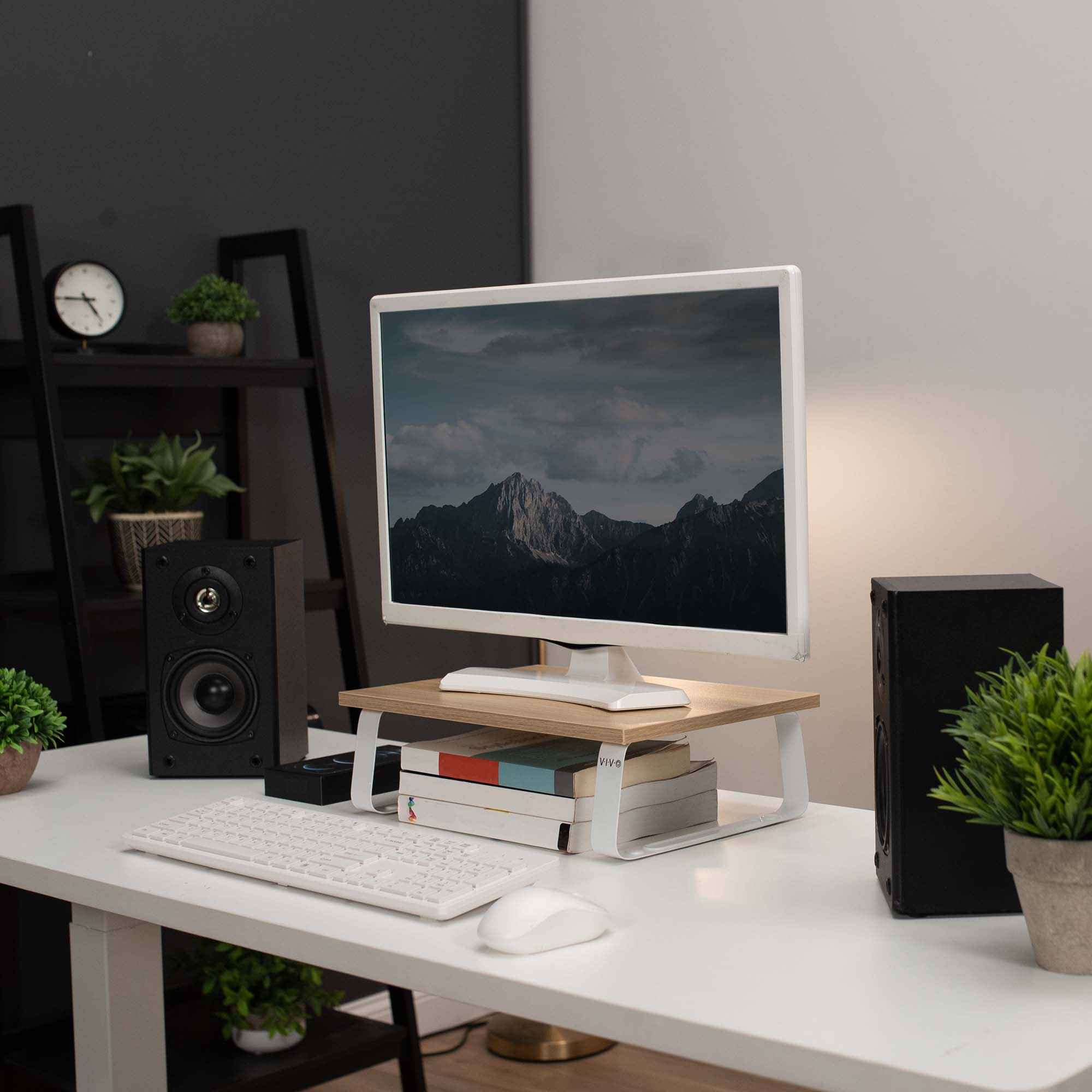 VIVO 15" Desktop Stand Monitor Riser, Desk Organizer, Light Wood Top, White Legs Image 4