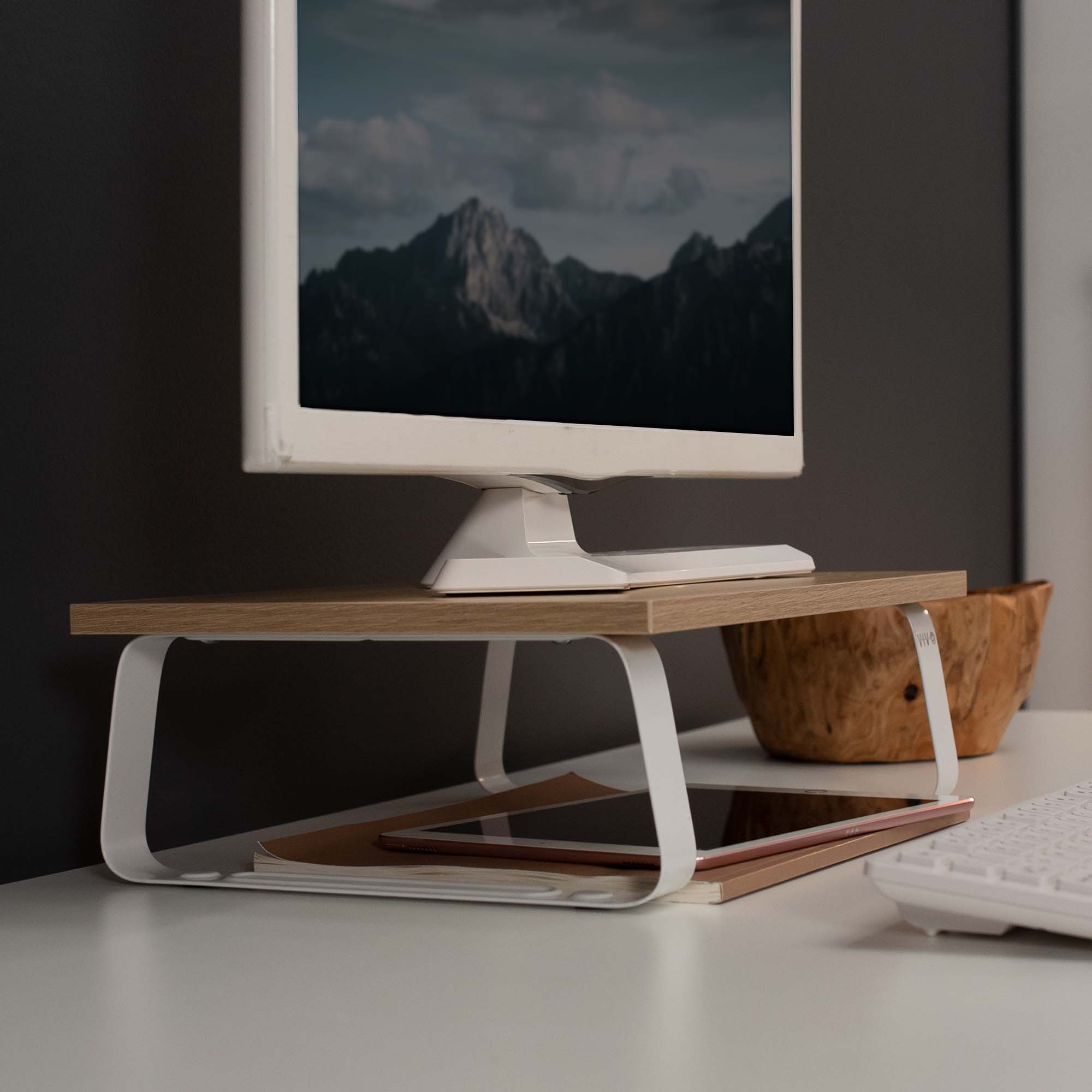 VIVO 15" Desktop Stand Monitor Riser, Desk Organizer, Light Wood Top, White Legs Image 5