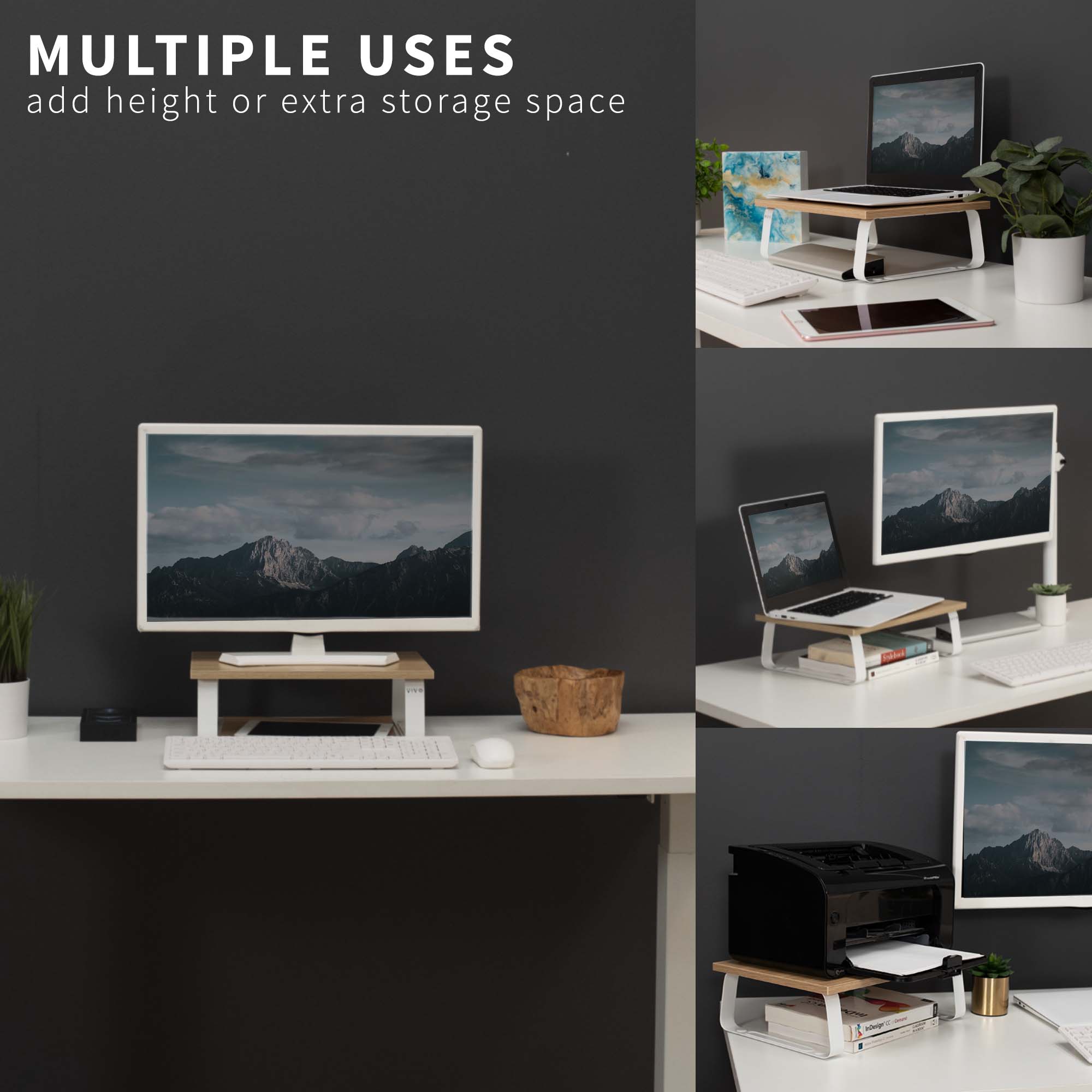 VIVO 15" Desktop Stand Monitor Riser, Desk Organizer, Light Wood Top, White Legs Image 6