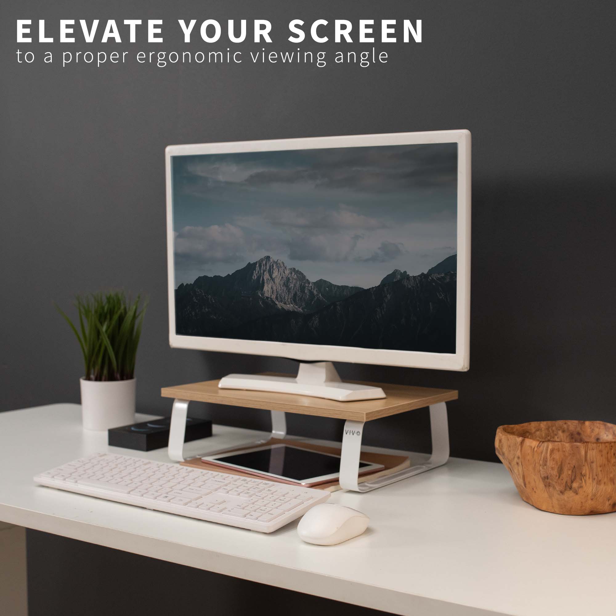 VIVO 15" Desktop Stand Monitor Riser, Desk Organizer, Light Wood Top, White Legs Image 8