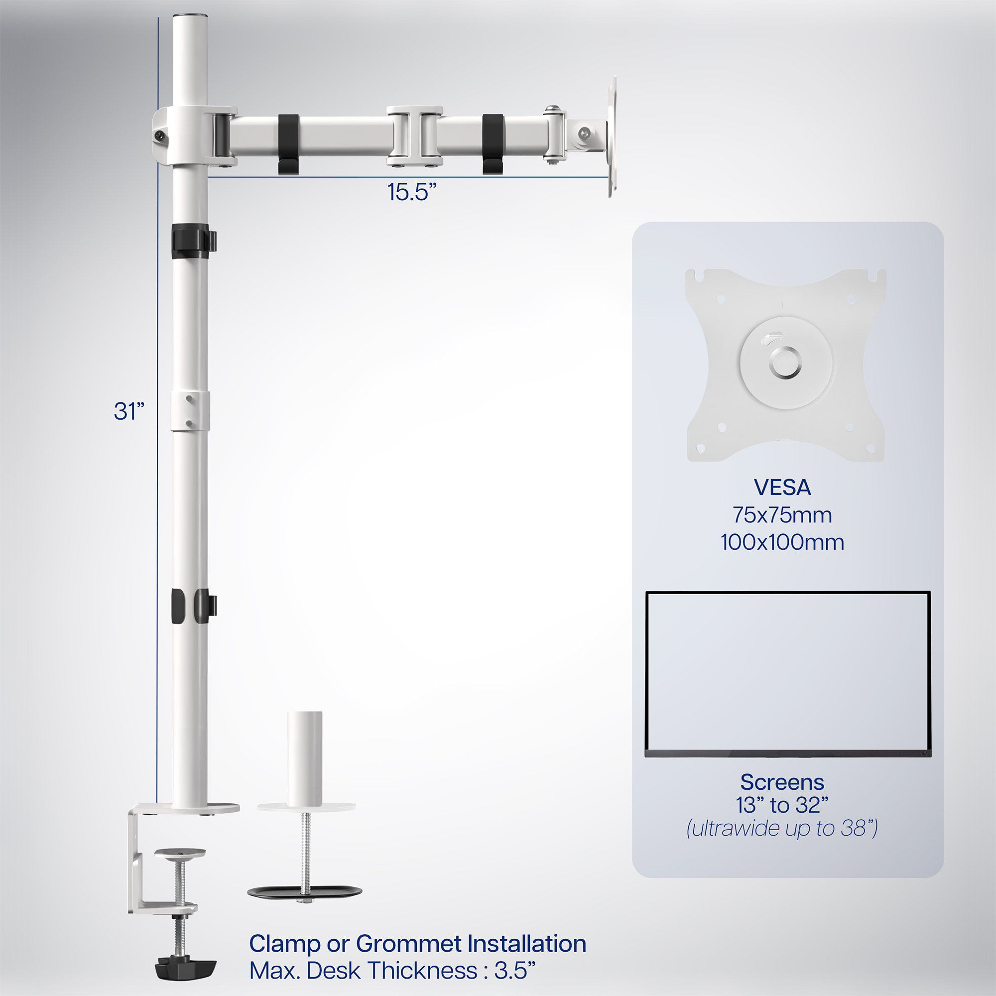 White Single Monitor Desk Mount Extra Tall Adjustable Stand for up to 32" Screen Image 3