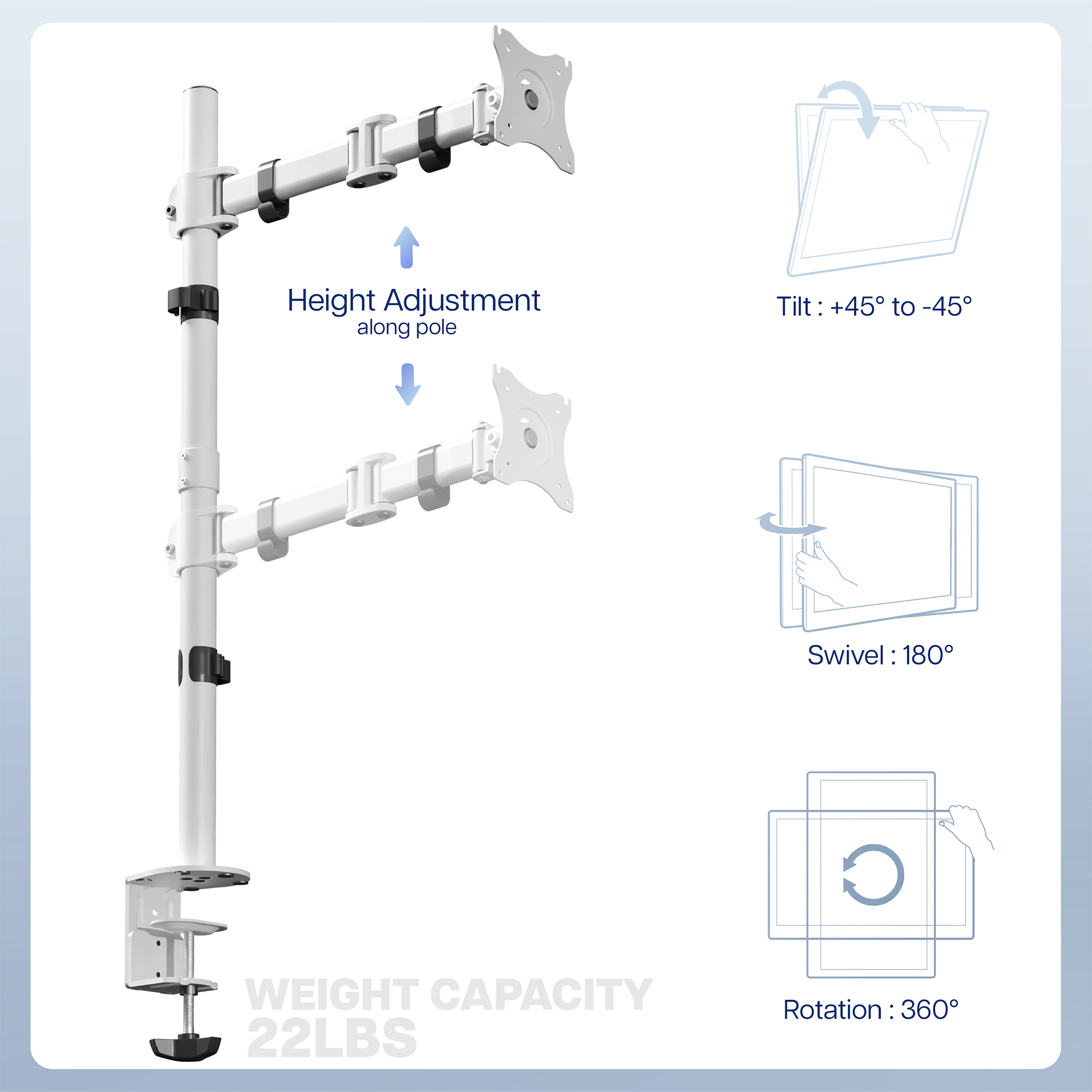 White Single Monitor Desk Mount Extra Tall Adjustable Stand for up to 32" Screen Image 4