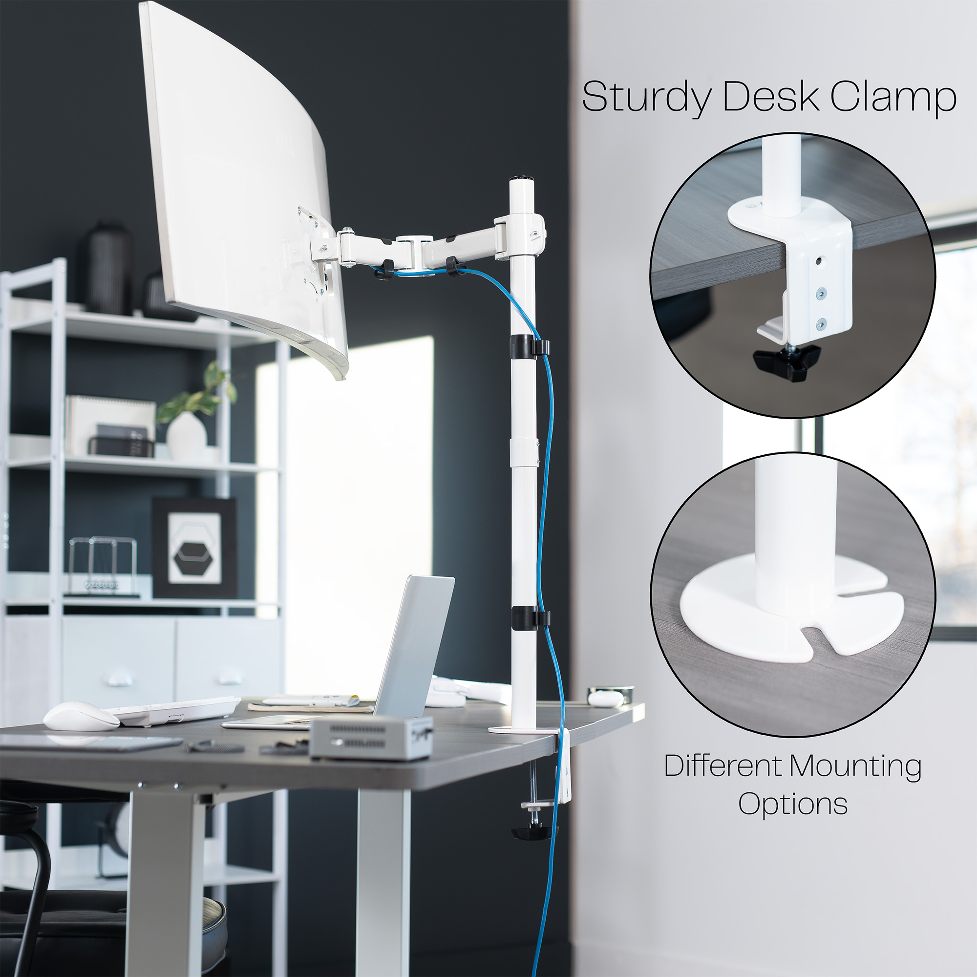 White Single Monitor Desk Mount Extra Tall Adjustable Stand for up to 32" Screen Image 5