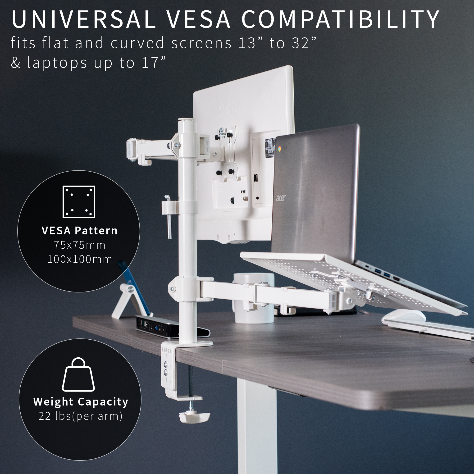 VIVO White Adjustable Laptop & Monitor Desk Mount Stand, Fits 1 Screen up to 32" Image 3