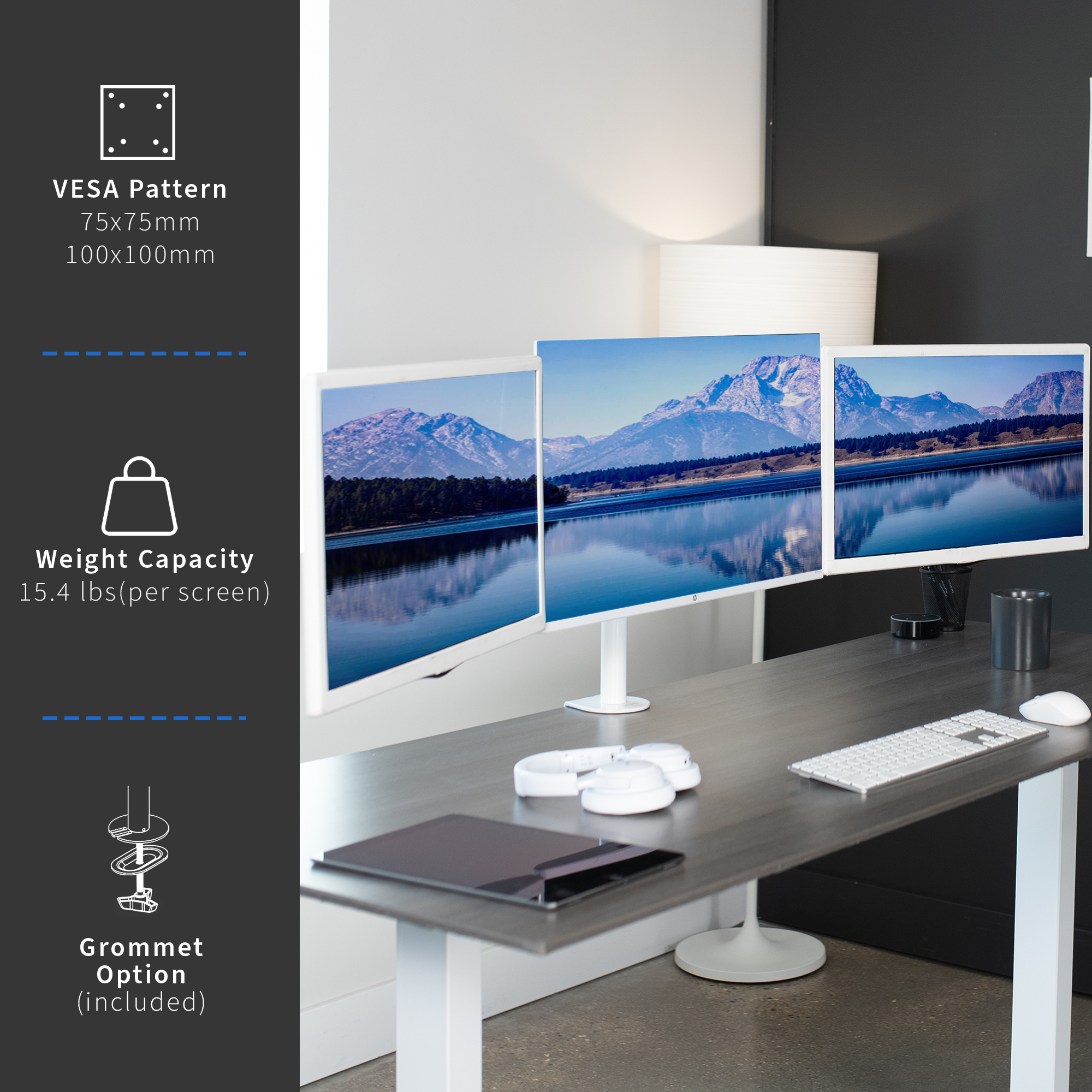 VIVO White Triple Monitor Mount, Articulating Stand for 3 Screens up to 24" Image 3