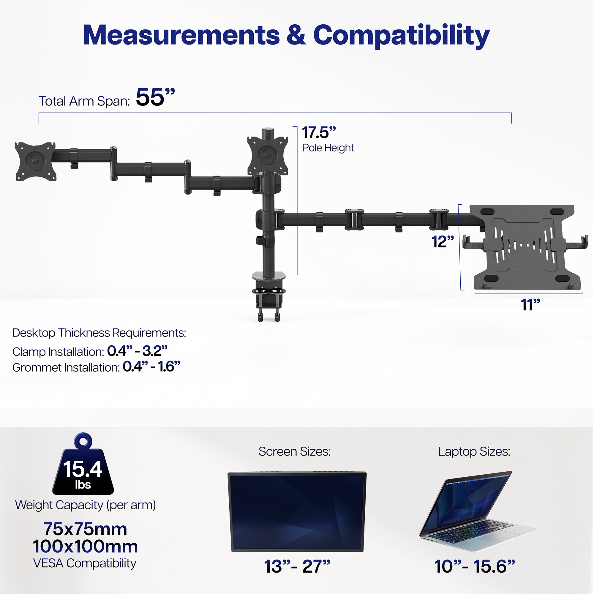 VIVO Dual 13" to 27" Monitor Mount with Laptop Holder, Horizontal Screen Display Image 3
