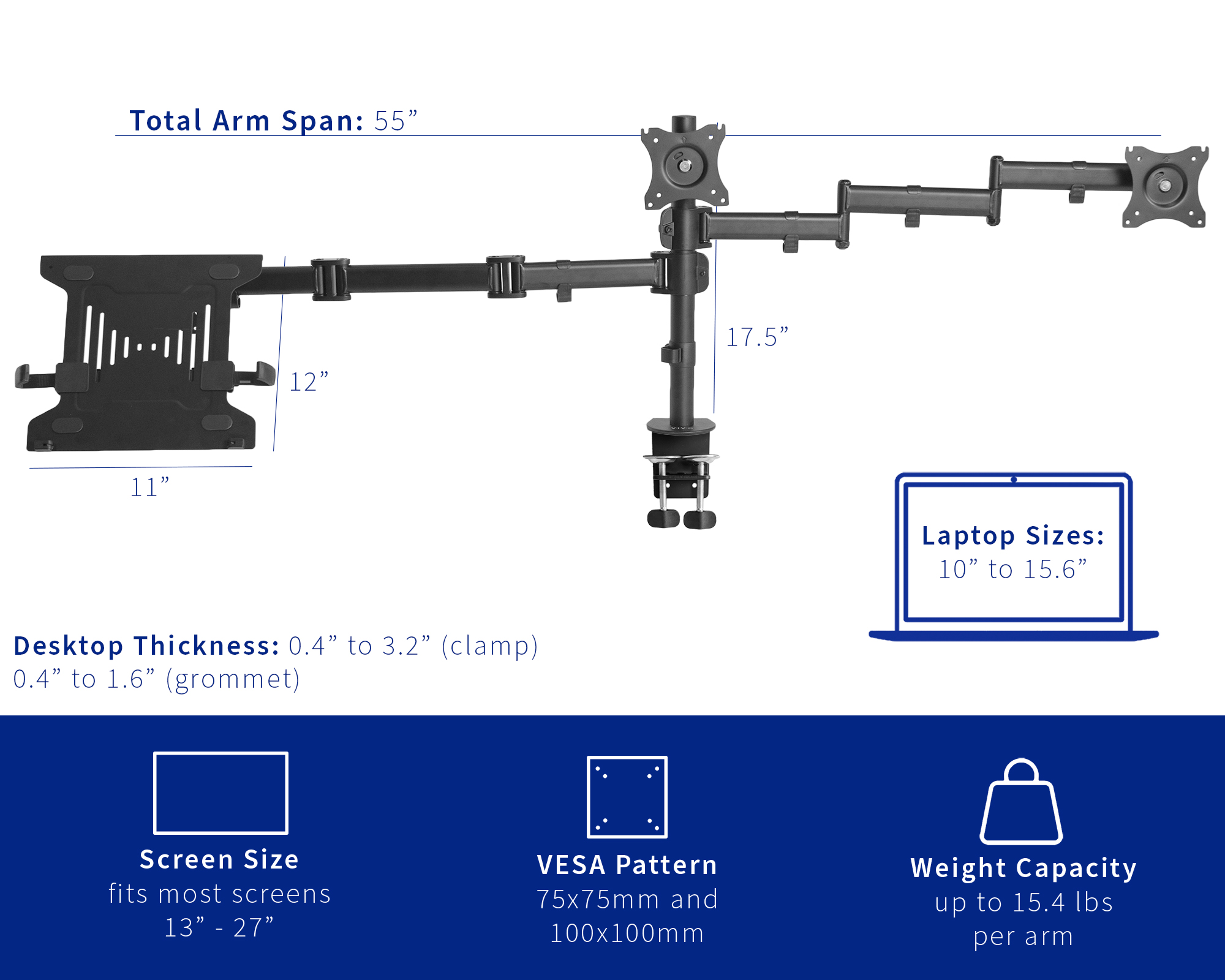 VIVO Dual 13" to 27" Monitor Mount with Laptop Holder, Horizontal Screen Display Image 3