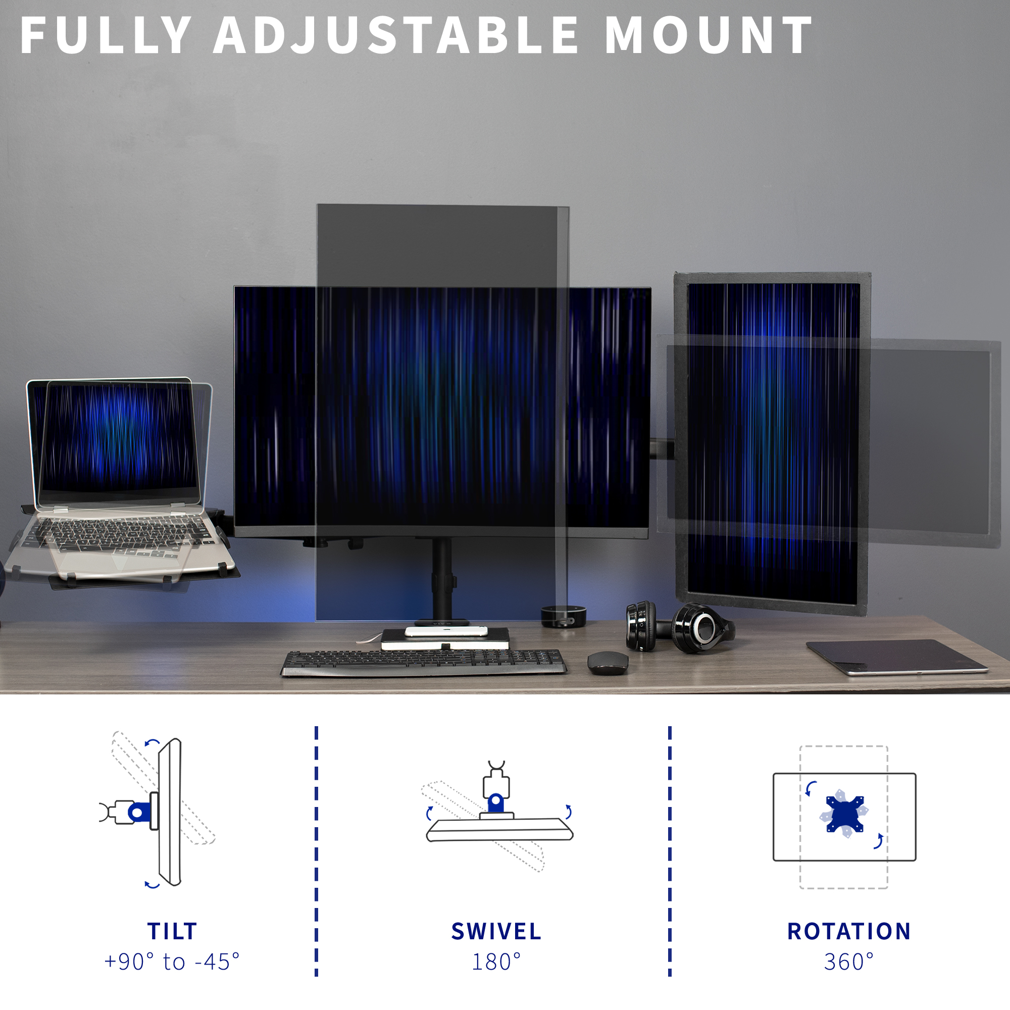 VIVO Dual 13" to 27" Monitor Mount with Laptop Holder, Horizontal Screen Display Image 5