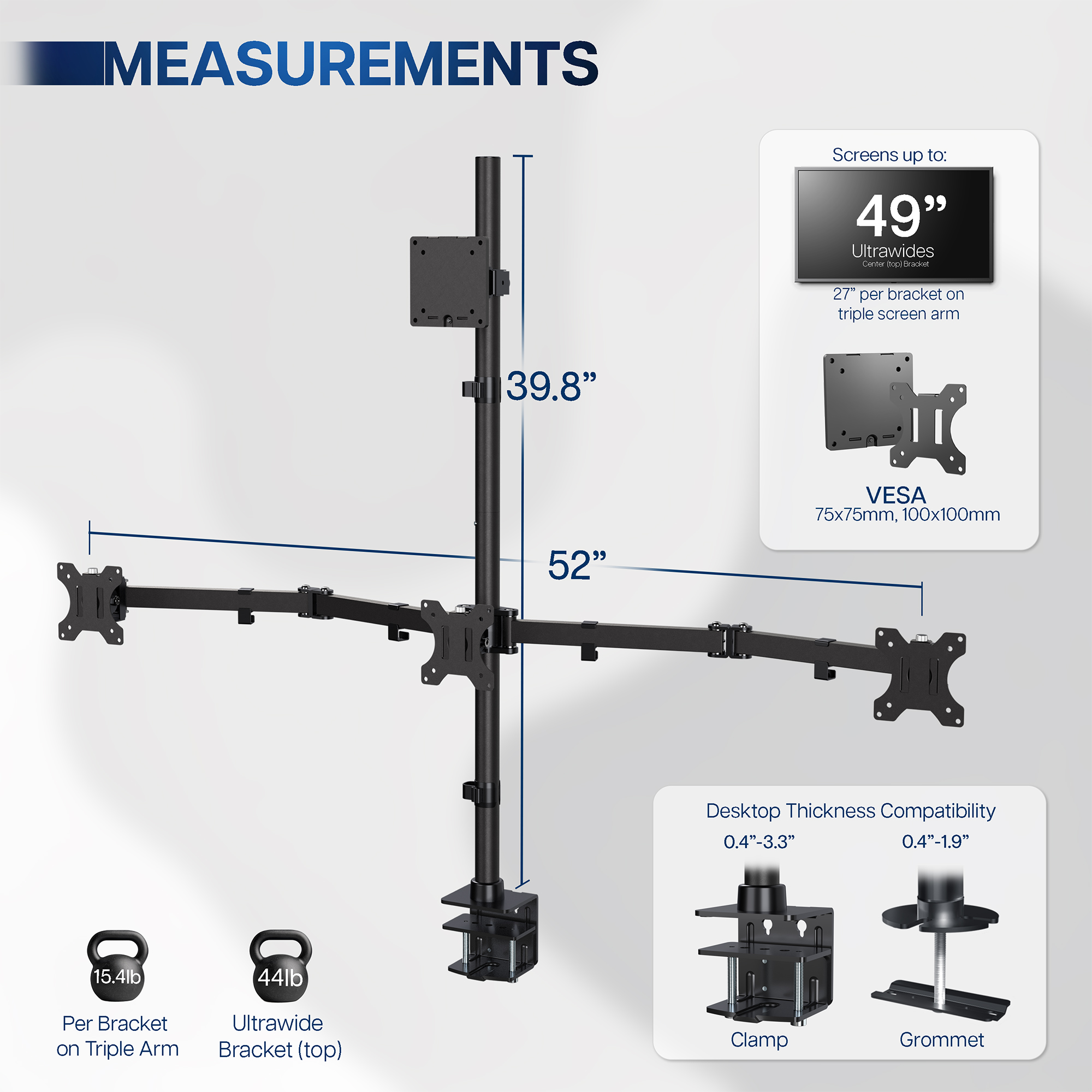 VIVO Quad Computer Monitor Desk Mount, 1 Ultrawide to 49", 3 Standard to 27" Image 3